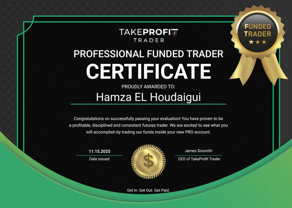 Take Profit Trader passing certificate Hamza El Houdaigui funded futures trader